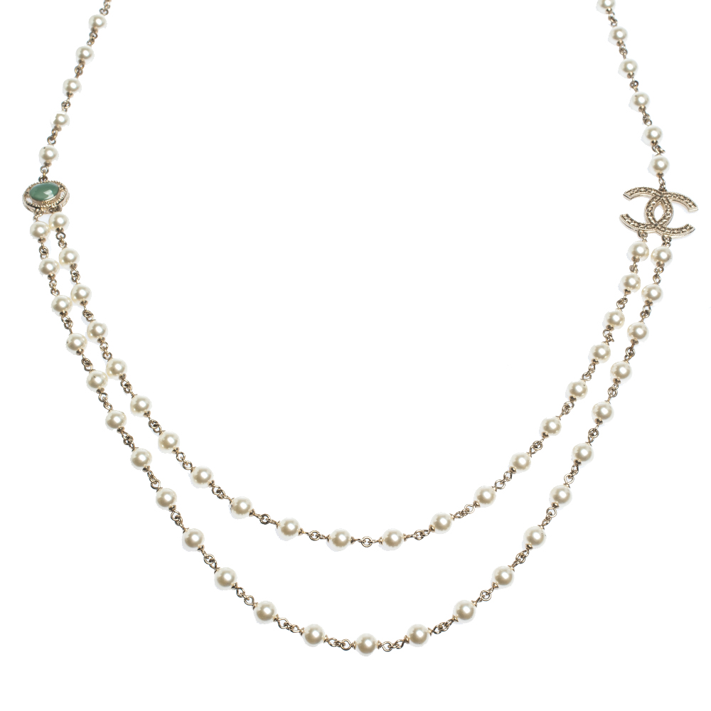 

Chanel CC Faux Pearl Bead Gold Tone Long Necklace