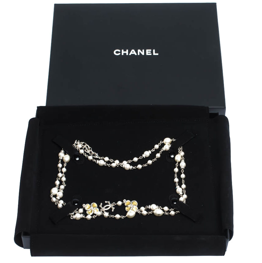 Chanel CC Crystal Enamel Faux Pearl Bead Silver Tone Long Station