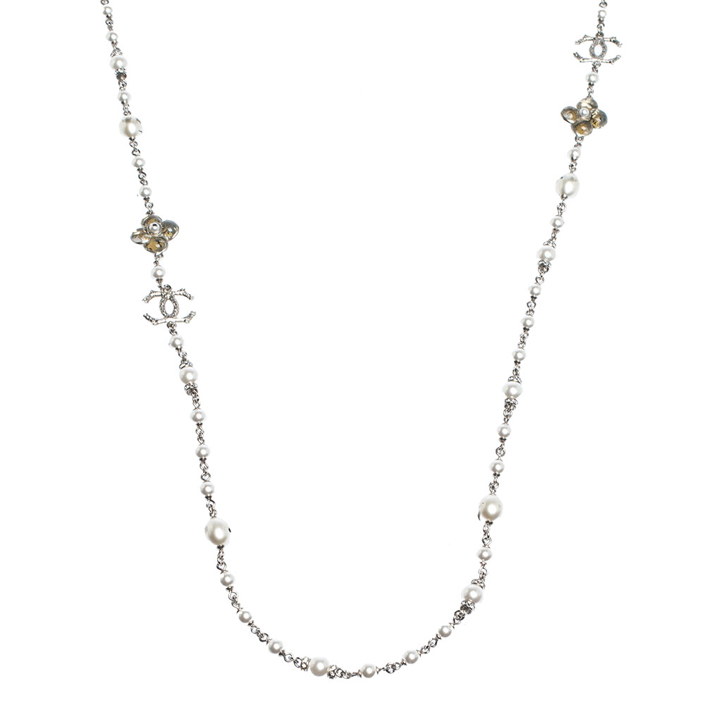 Chanel CC Crystal Enamel Faux Pearl Bead Silver Tone Long Station Necklace  Chanel