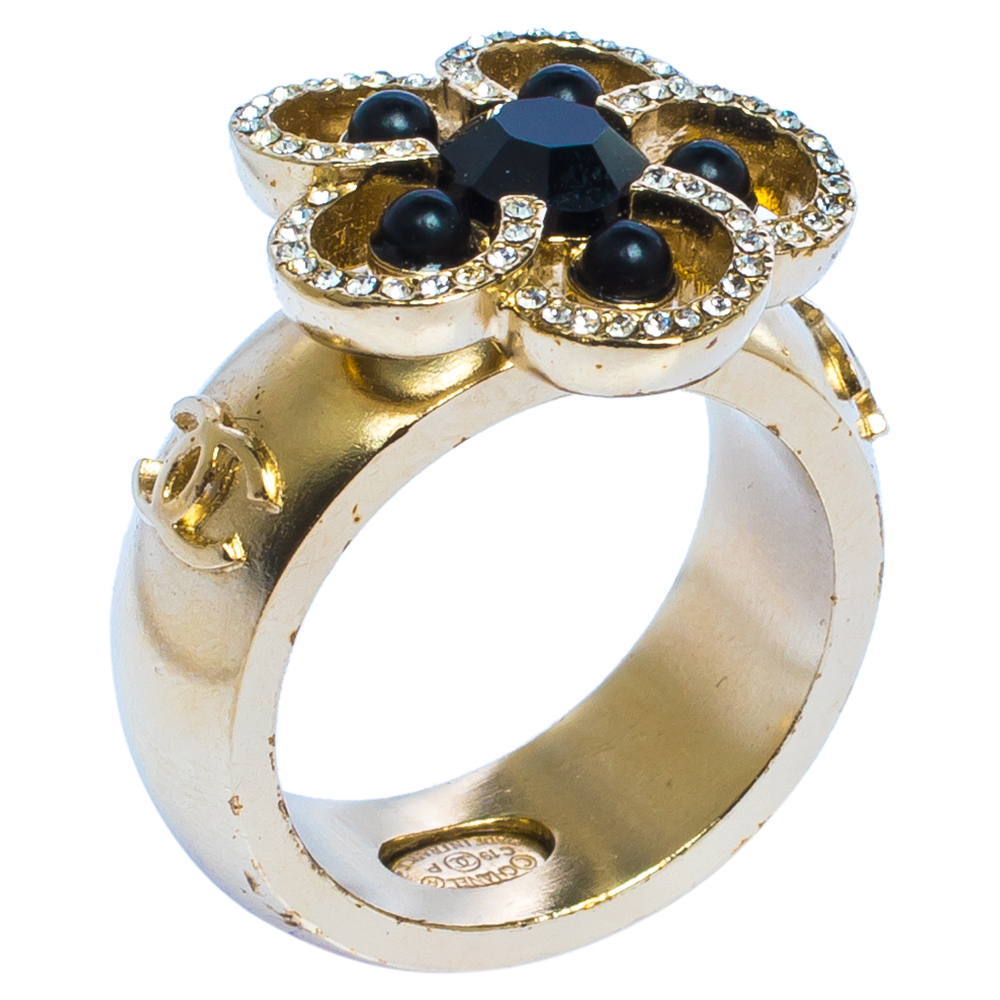 Pre Owned Chanel Gold Tone Crystal Camelia Ring EU 50.5