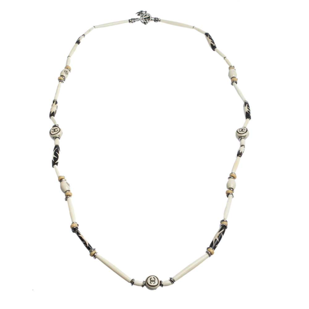 

Chanel CC Beaded Wood Silver Tone Multi Purpose Necklace Waist Belt, Cream