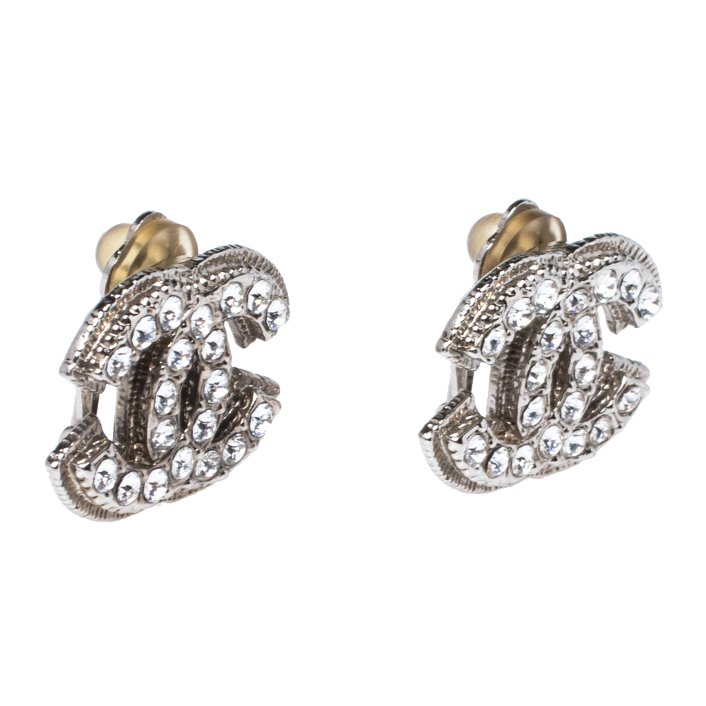 

Chanel Silver Tone Crystal CC Clip-On Stud Earrings