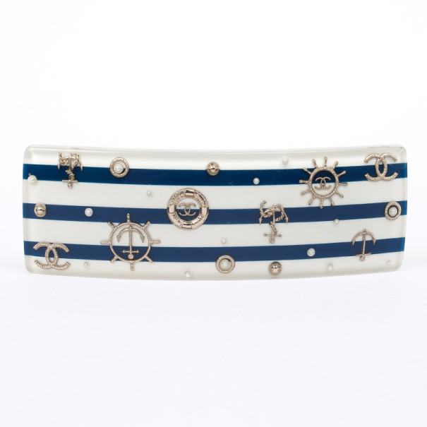 Pre Owned Chanel Blue and White Striped Hair Clip