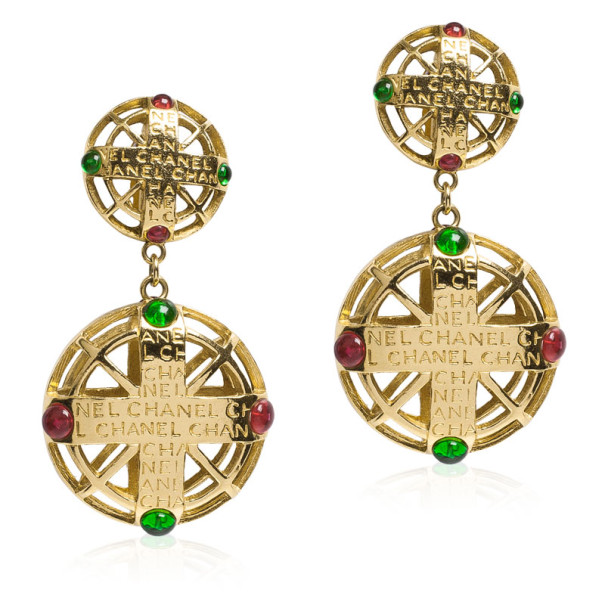 Pre Owned Chanel Vintage Cranberry and Emerald Gripoix Golden Dangling Earrings