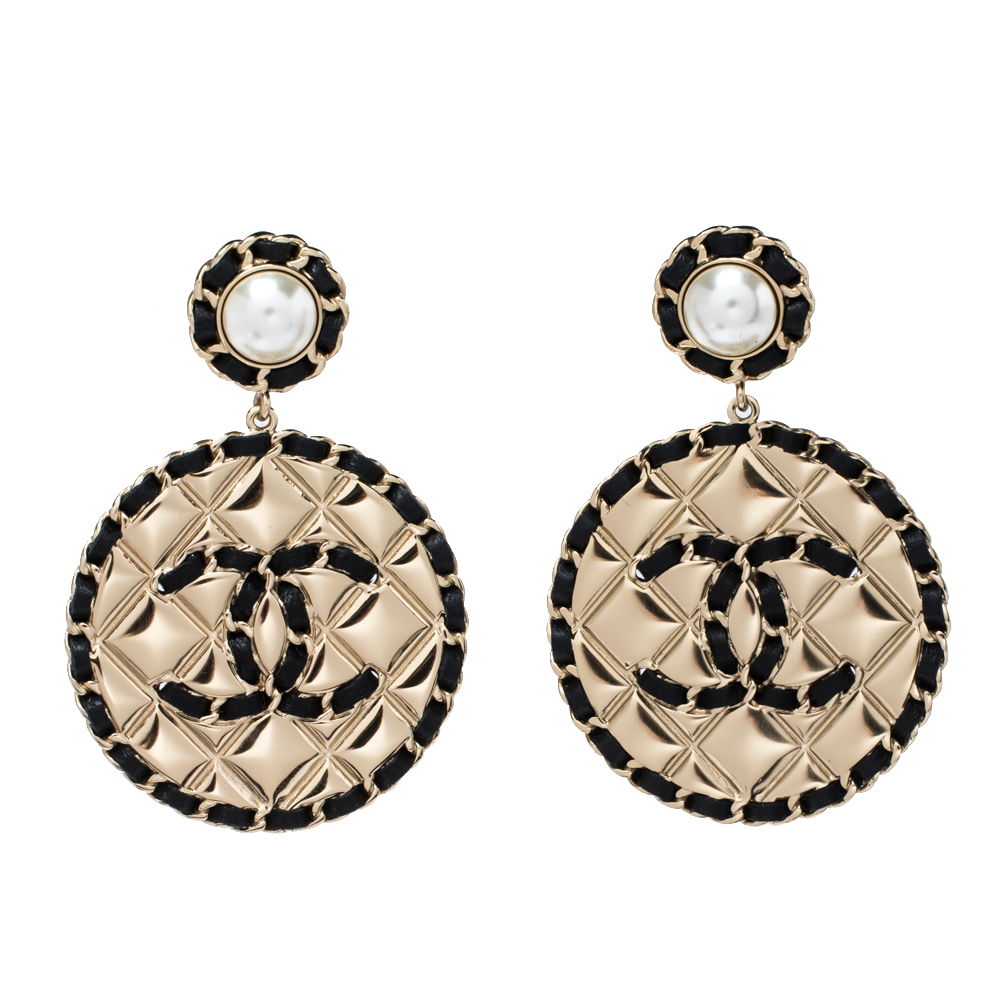 

Chanel CC Quilted Motif Interwoven Leather Gold Tone Dangle Earrings, Multicolor