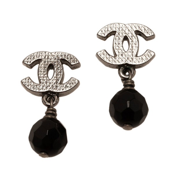 Chanel CC Black Crystal Drop Silver Tone Earrings