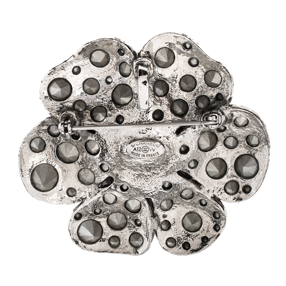 

Chanel Silver Tone Crystal Camelia Pin Brooch