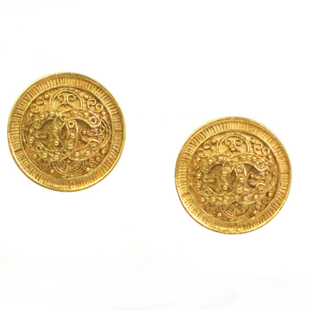 Pre Owned Chanel Vintage Engraved Gold Tone Earrings