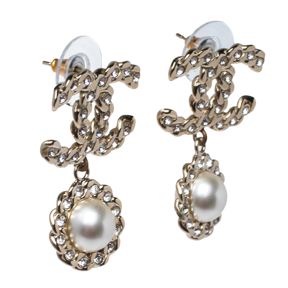 

Chanel Pale Gold Tone Crystal & Faux Pearl CC Drop Earrings