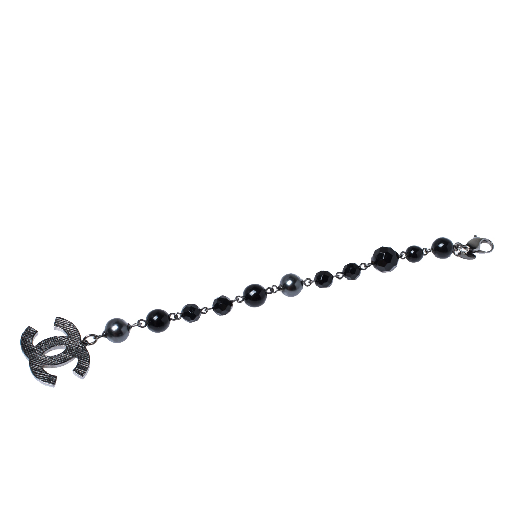 

Chanel Black Beaded Silver Tone CC Charm Bracelet