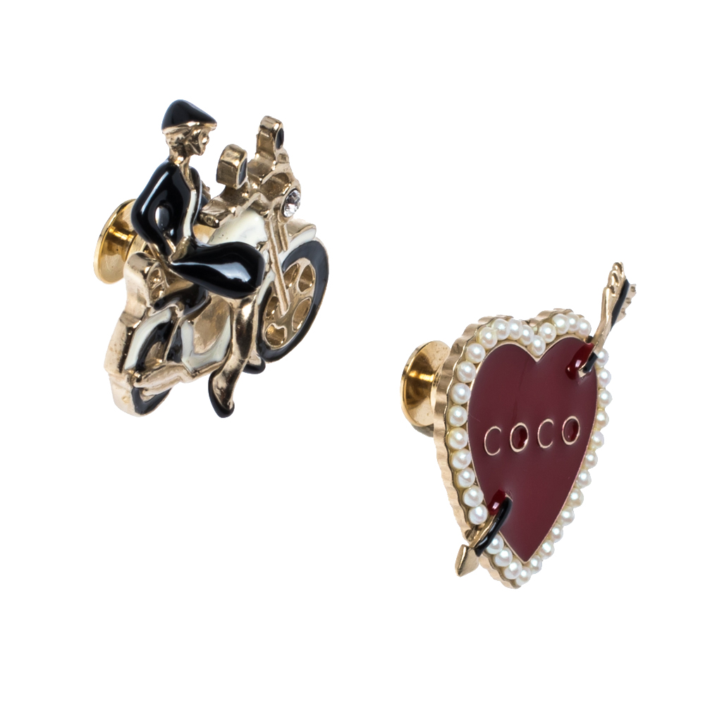 

Chanel Red Coco Heart and Rider Lapel Pin Set of 2