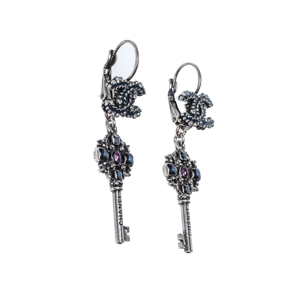 

Chanel Gunmetal Tone Crystal Key Drop Earrings, Silver