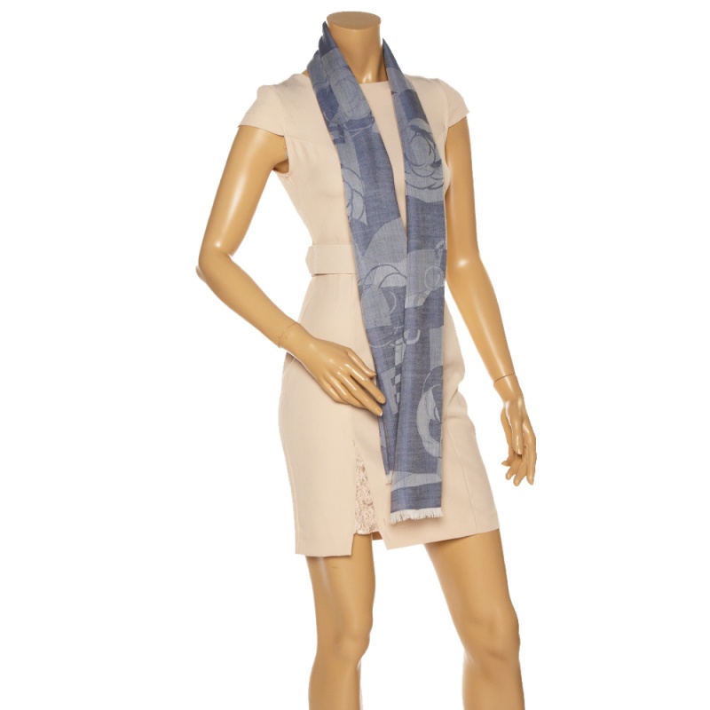 

Chanel Blue Cashmere Silk Camellia Shawl