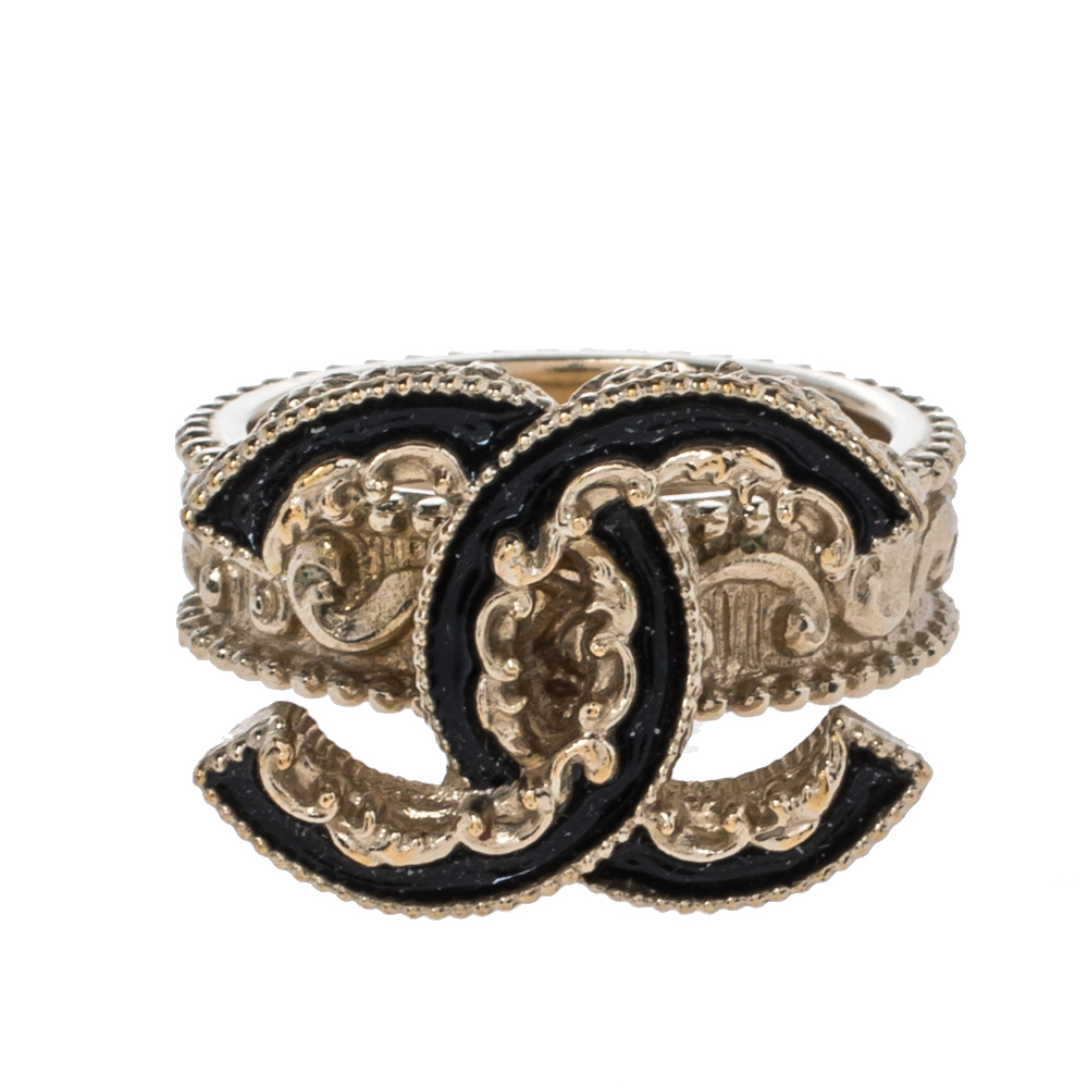 

Chanel CC Black Enamel Gold Tone Cocktail Ring Size