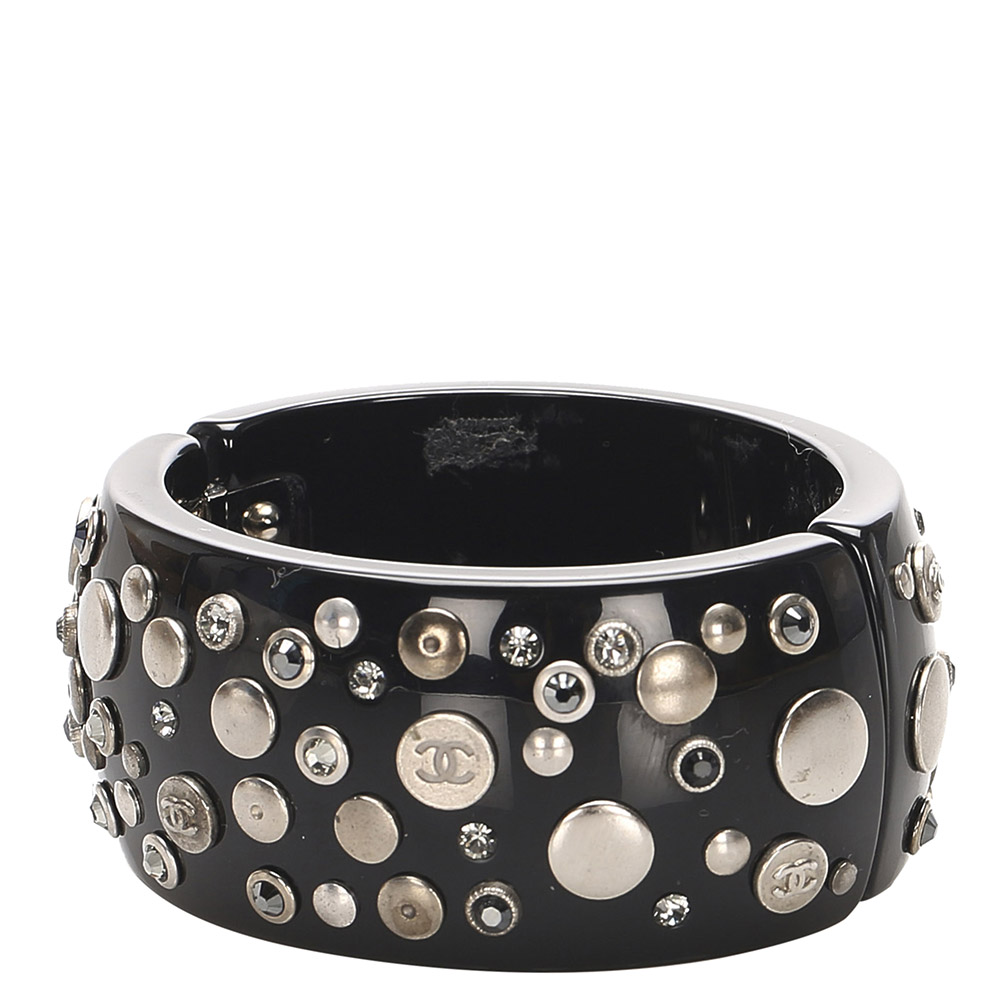 

Chanel Black Resin CC Rhinestone Studded Bangle, Beige