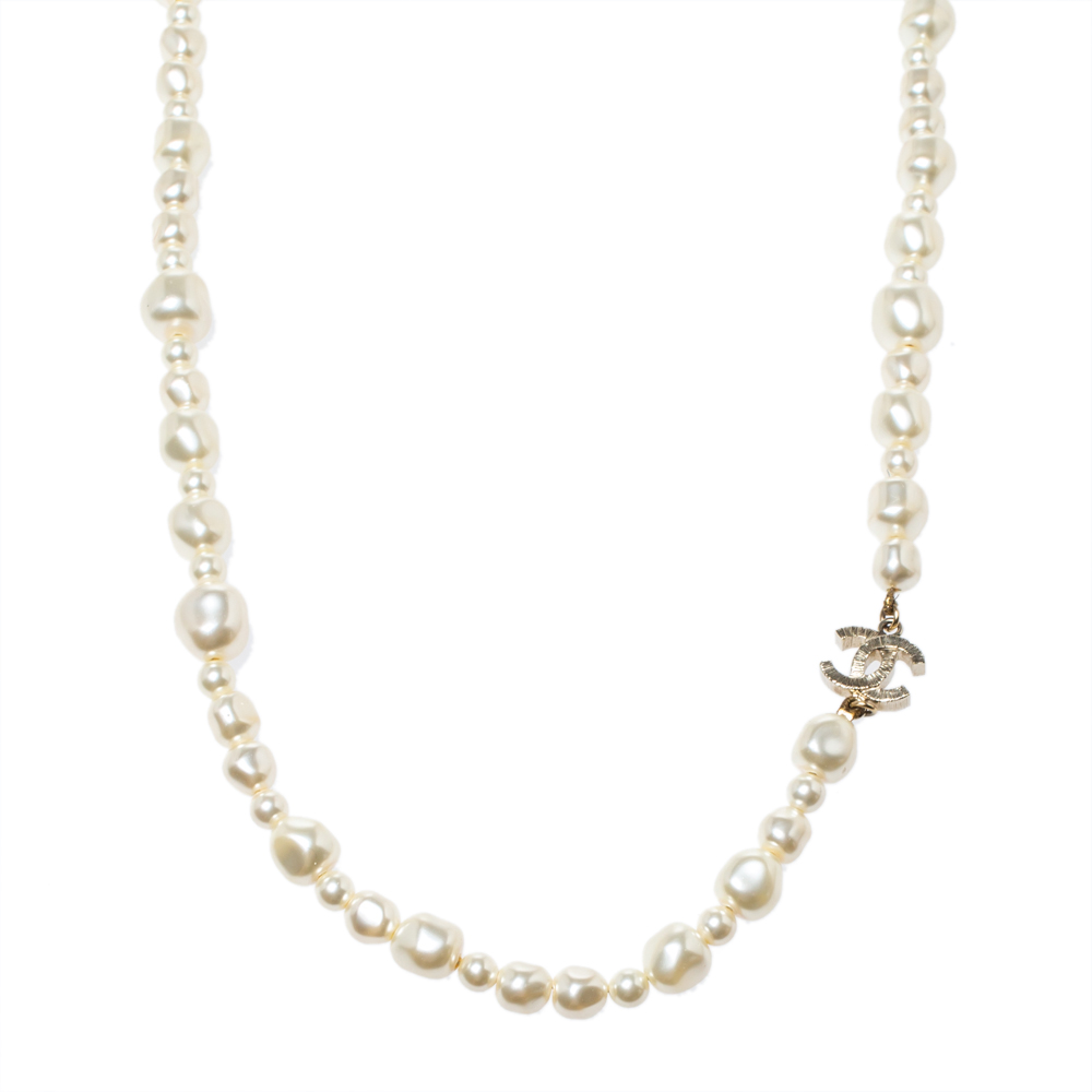 

Chanel CC Faux Pearl Gold Tone Long Station Necklace, Cream