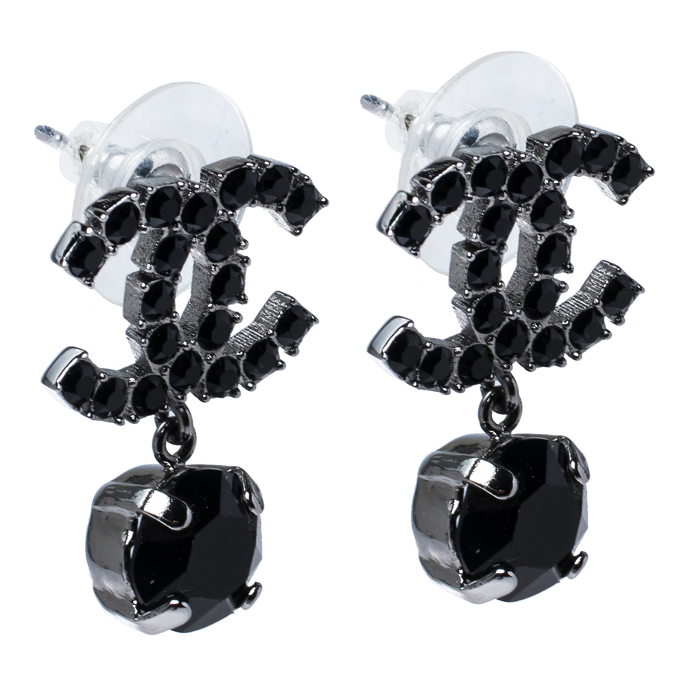 

Chanel CC Black Crystal Silver Tone Drop Earrings