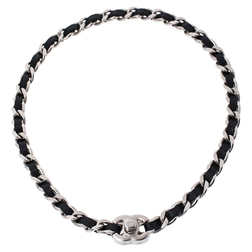 

Chanel CC Black Leather Woven Chain Silver Tone Turn Lock Necklace