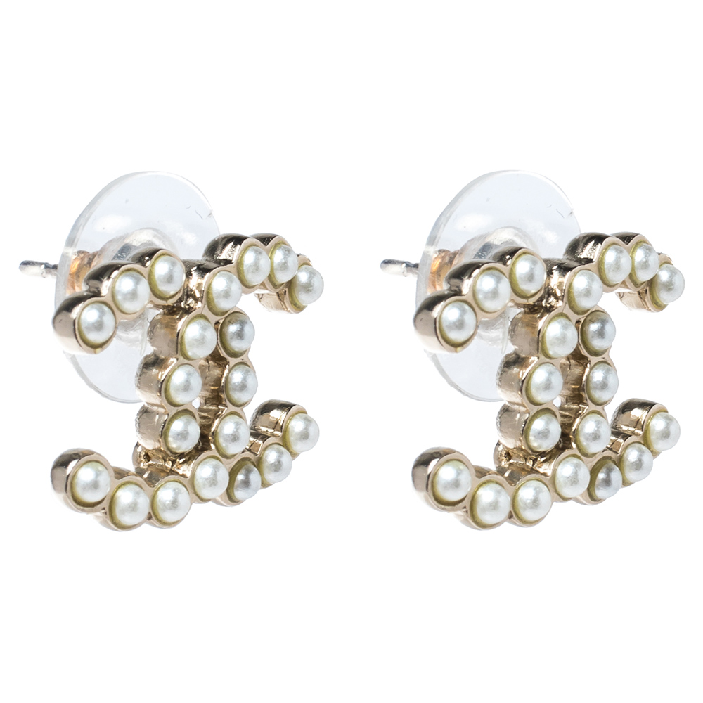 

Chanel CC Faux Pearl Gold Tone Stud Earrings, Cream