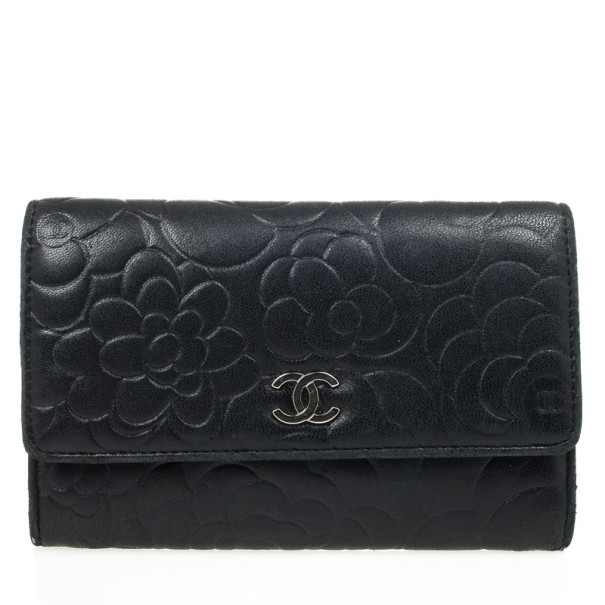 Chanel Black Camelia Embossed Lambskin Wallet 