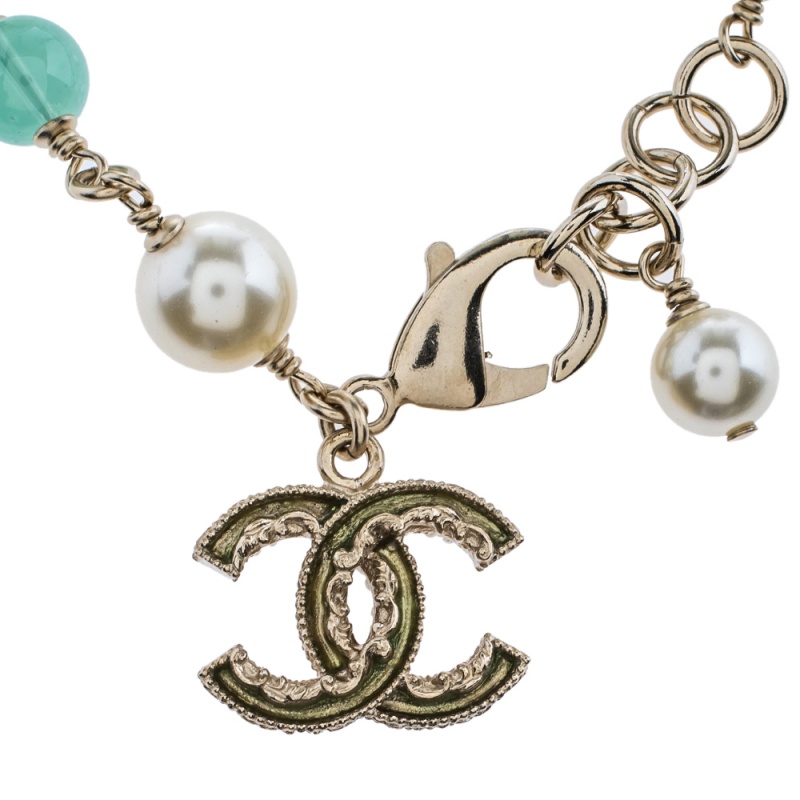 

Chanel CC Logo Faux Pearl Resin Gold Tone Bracelet, Multicolor