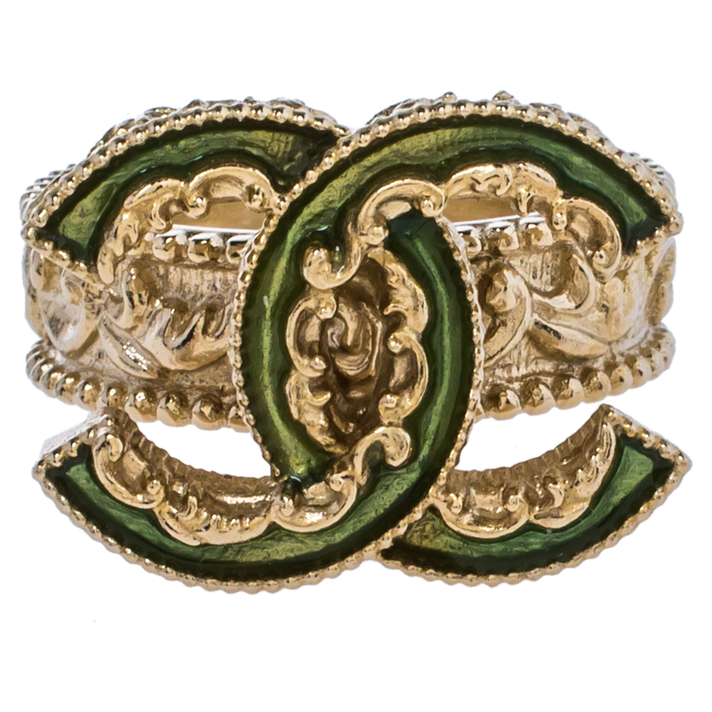 

Chanel CC Green Enamel Gold Tone Ring Size