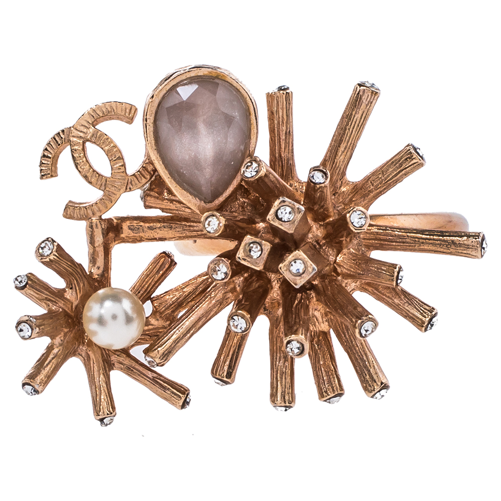 

Chanel CC Starburst Crystals & Faux Pearl Rose Gold Tone Ring Size, Multicolor