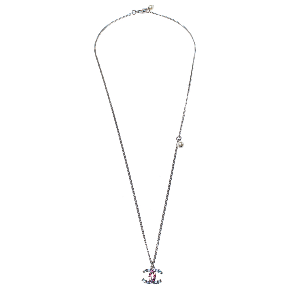 

Chanel Multicolor Crystal CC Pendant Silver Tone Necklace
