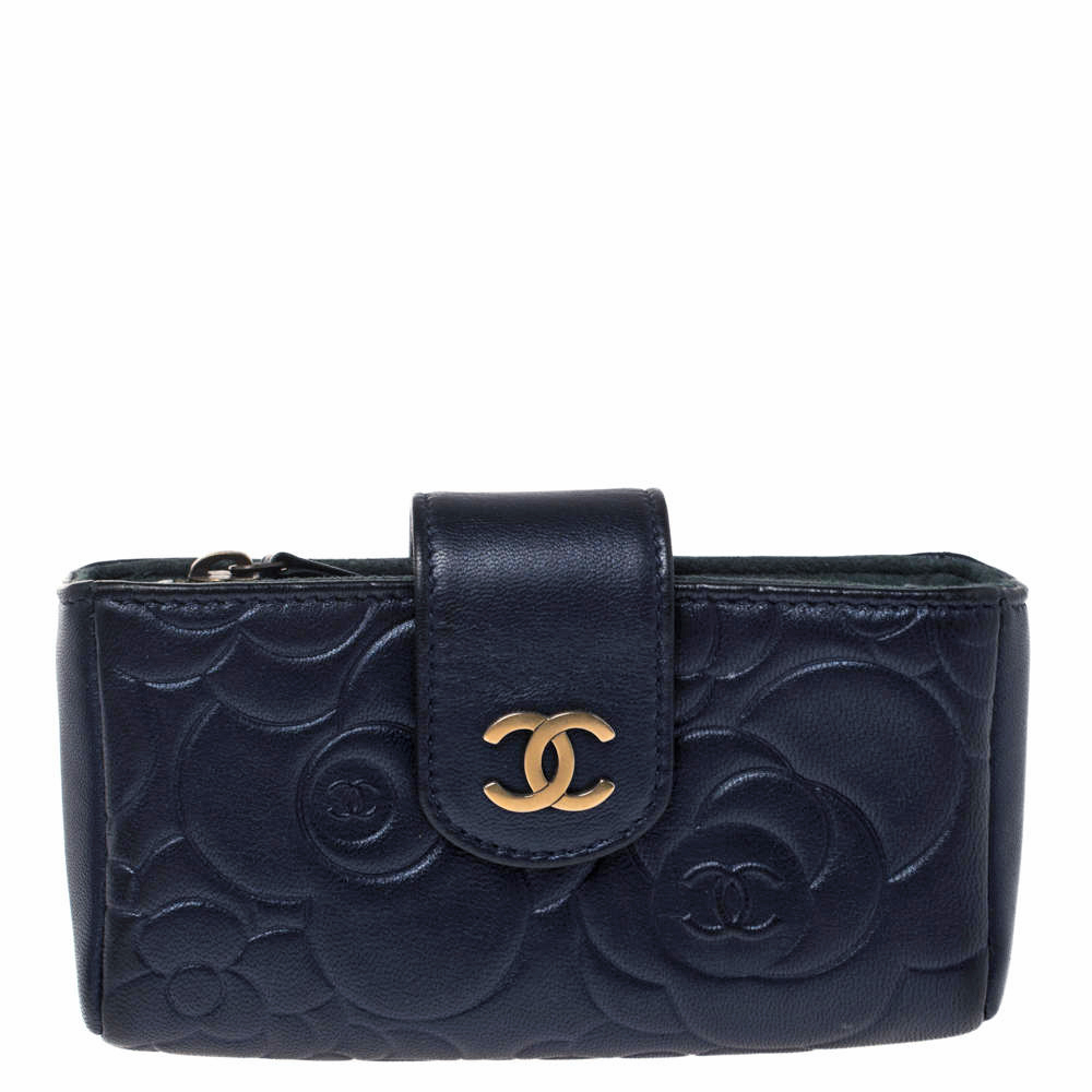 Pre Owned Chanel Metallic Navy Blue Camellia Embossed Leather Phone Pouch