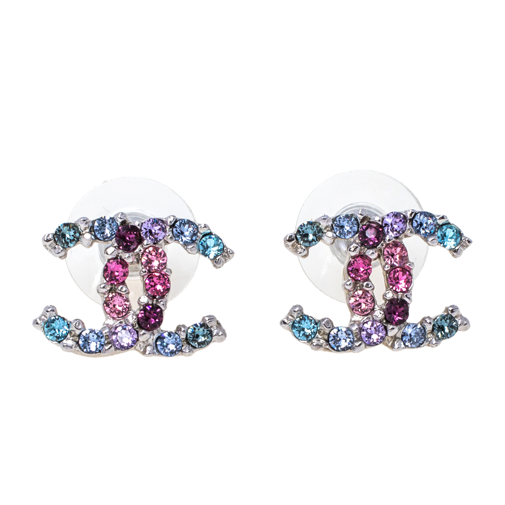 Pre Owned Chanel CC Multicolor Crystal Silver Tone Earrings 