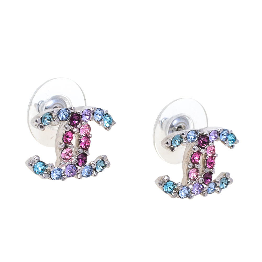 

Chanel CC Multicolor Crystal Silver Tone Earrings