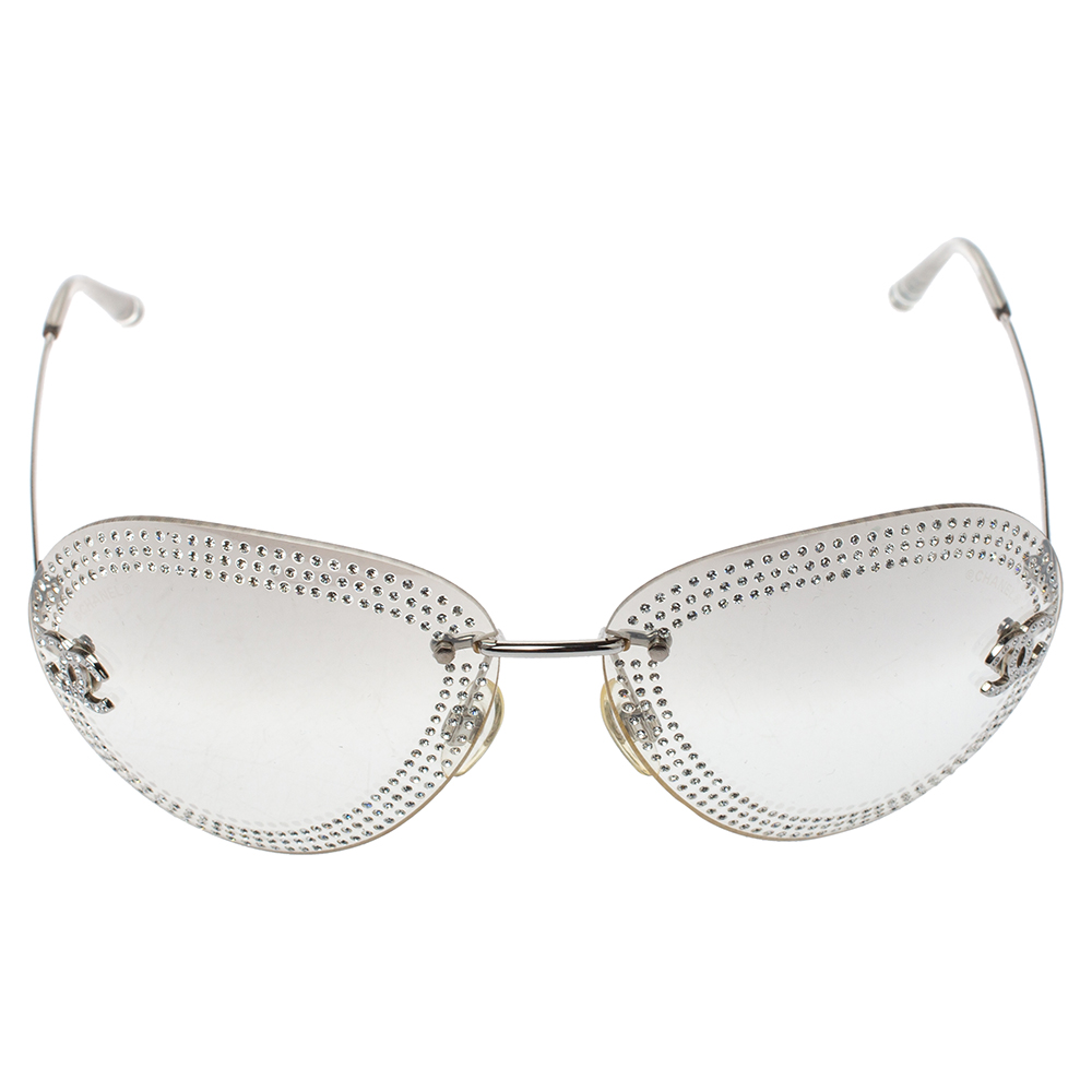 

Chanel Silver/Clear 4049B Crystal Embellished Aviator Sunglasses