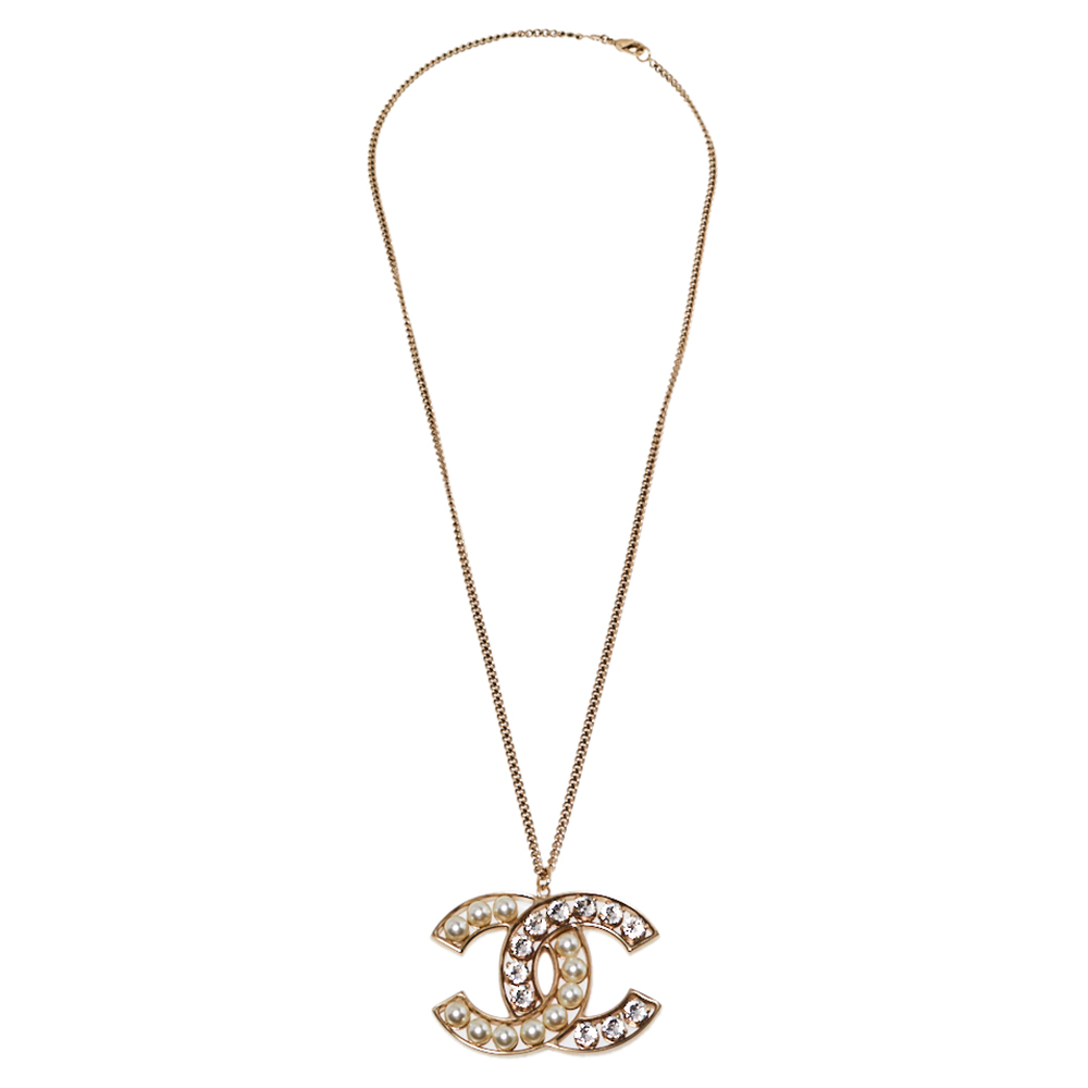 

Chanel CC Crystal Faux Pearl Gold Tone Pendant Necklace