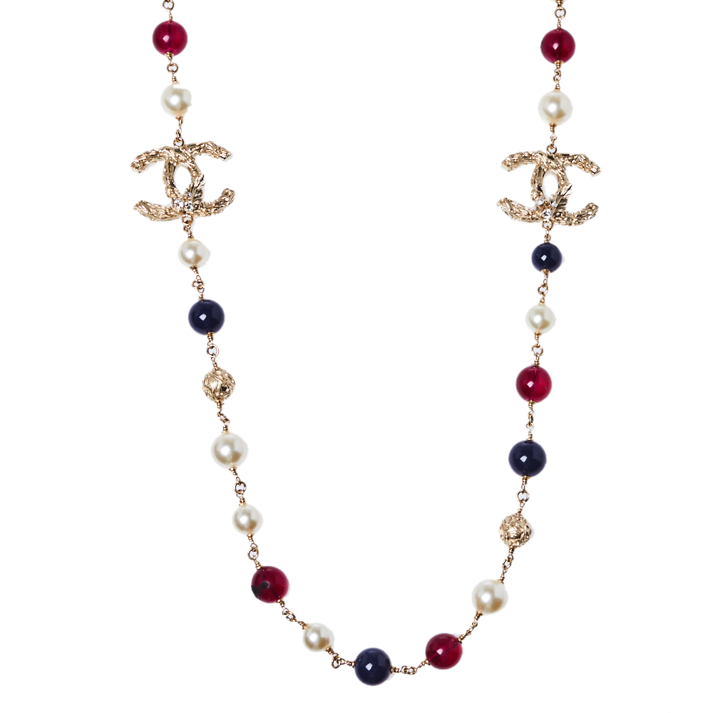 

Chanel CC Resin Faux Pearl Gold Tone Long Necklace, Multicolor