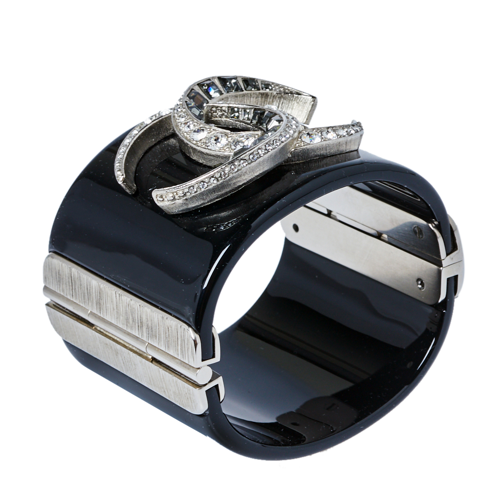 

Chanel CC Black Resin Crystal Studded Silver Tone Wide Cuff Bracelet