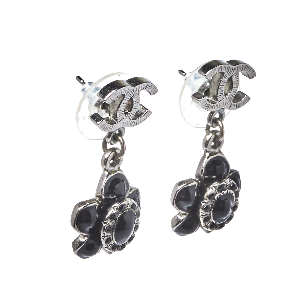 

Chanel Black Camellia CC Drop Earrings