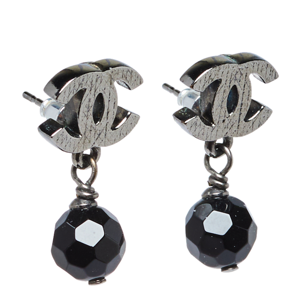 

Chanel Dark Silver Tone CC Black Beaded Drop Earrings