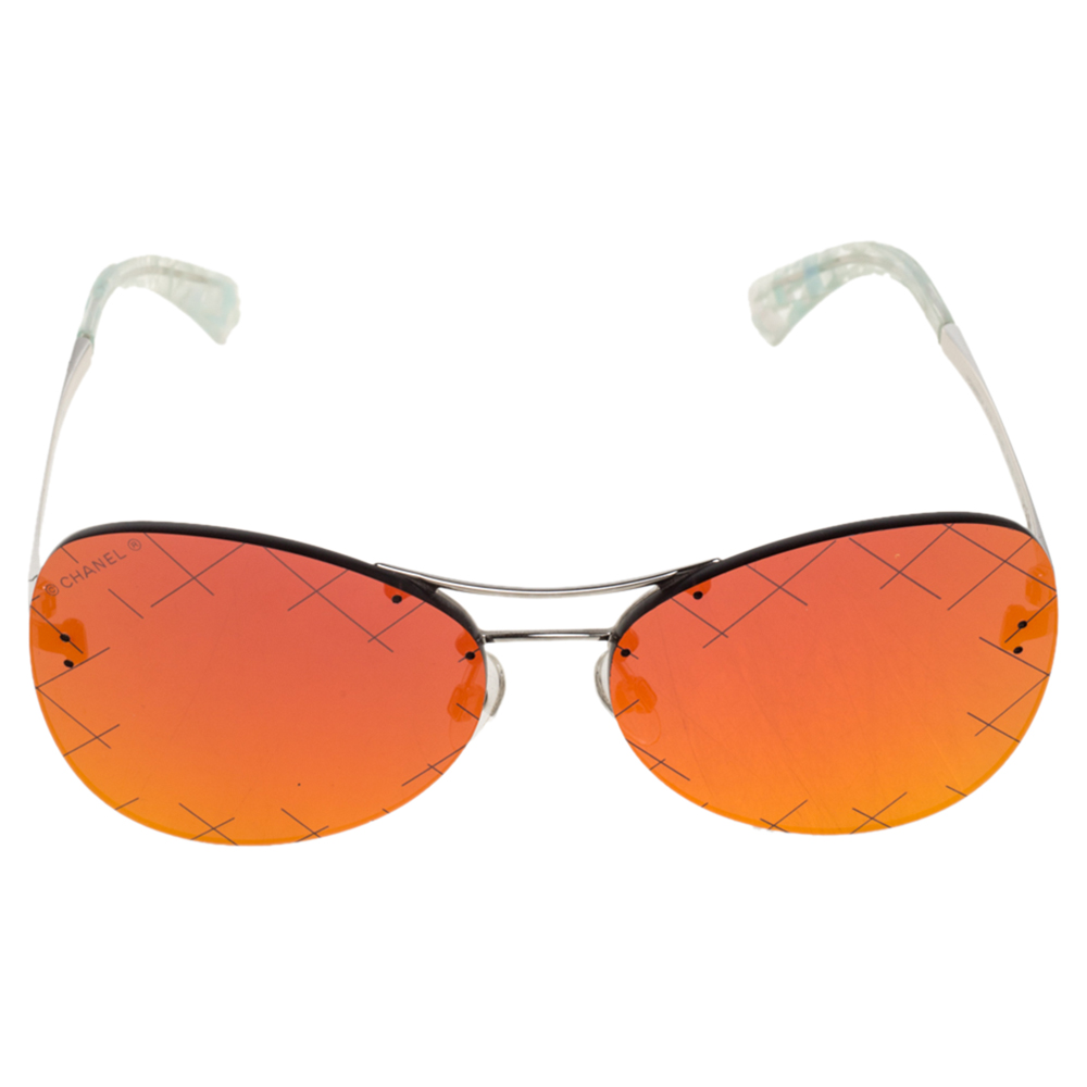

Chanel Silver Tone / Orange Mirrored 4218 Crosshatch Aviator Sunglasses