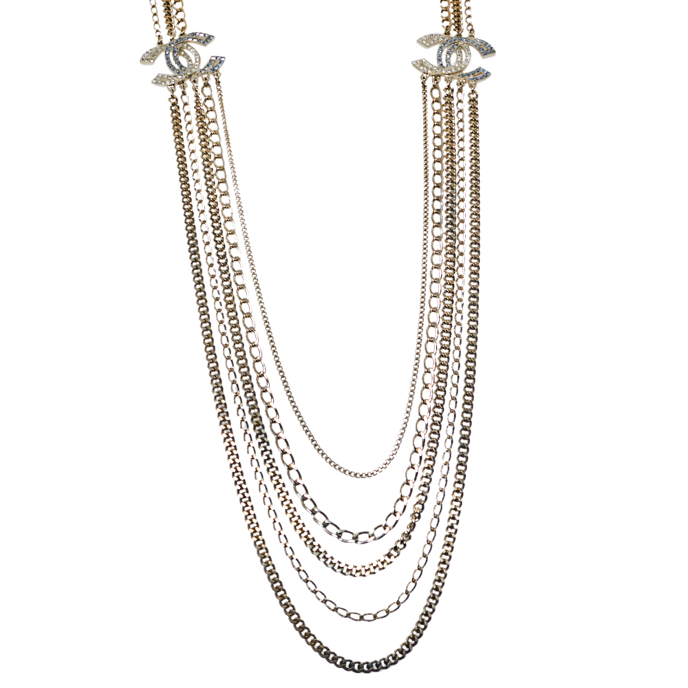

Chanel Pale Gold Tone Multi Chain Strand CC Crystal Station Necklace