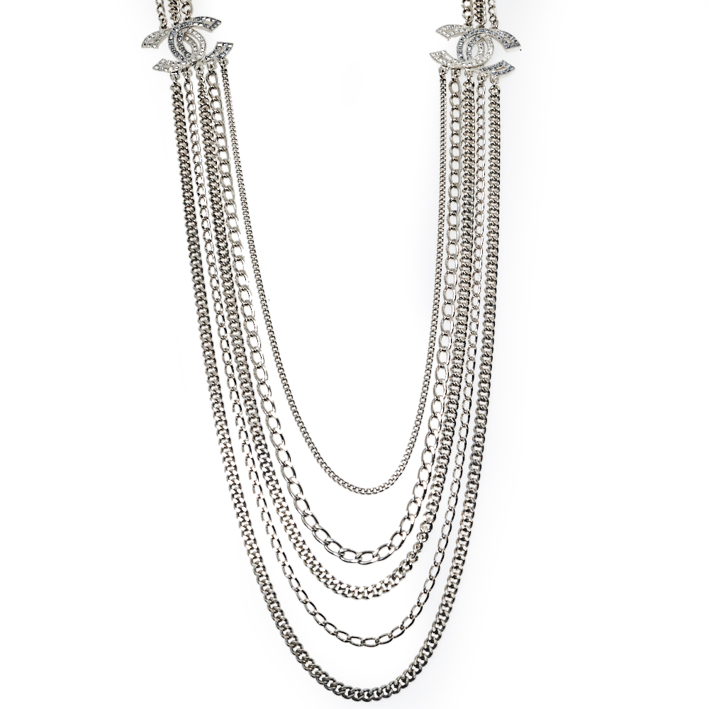 

Chanel Silver Tone Multi Chain Strand CC Crystal Station Necklace