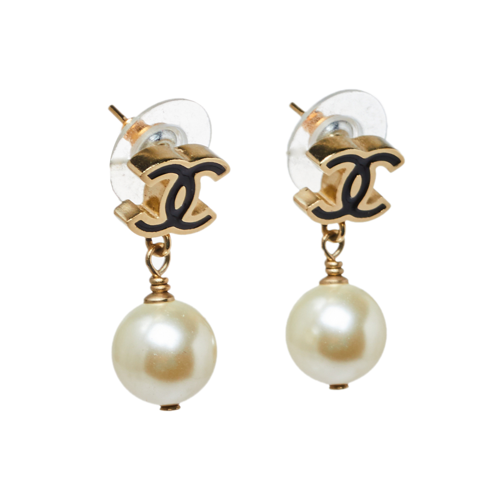 

Chanel CC Faux Pearl Gold Tone Drop Earrings