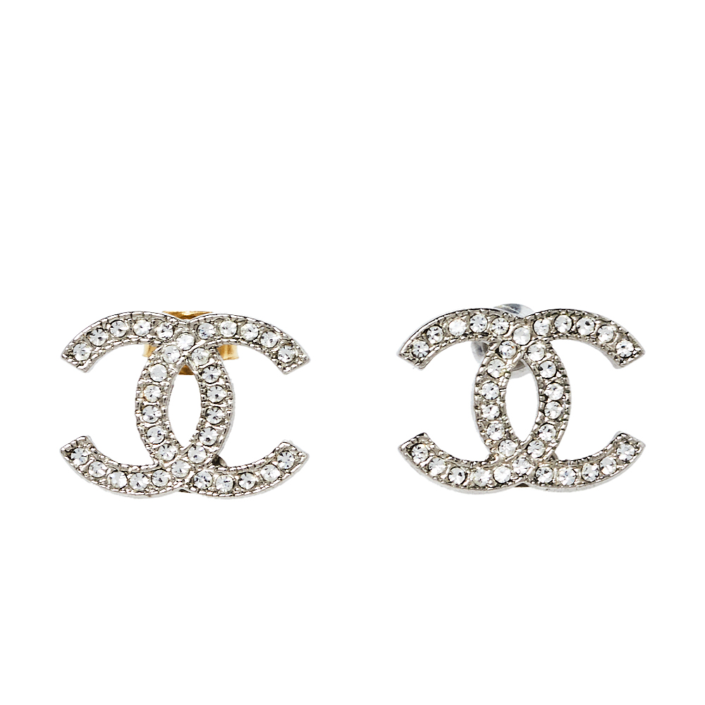 Chanel CC Silver Tone Crystal Stud Earrings Chanel | The Luxury Closet