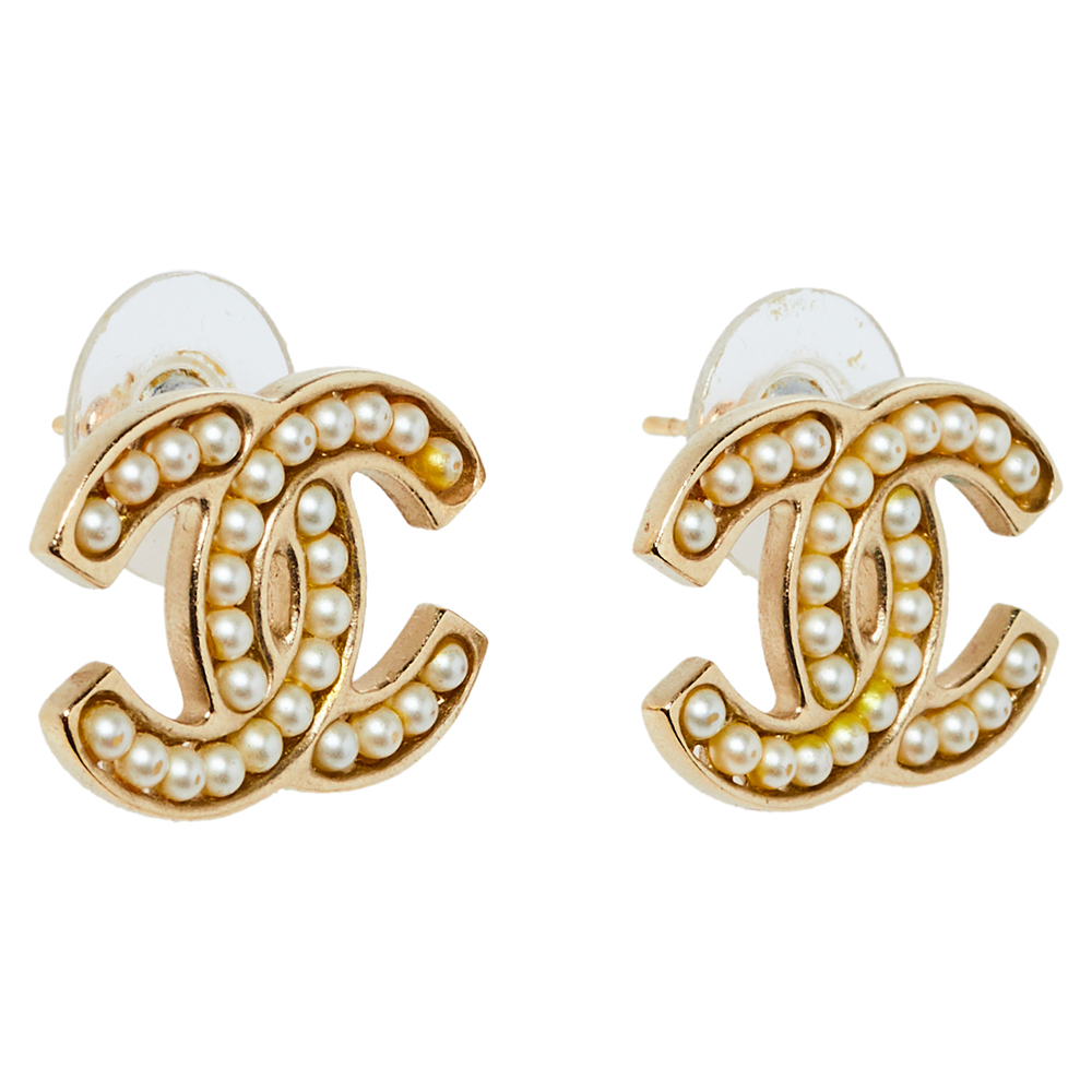 

Chanel Faux Pearl Gold Tone Stud CC Earrings