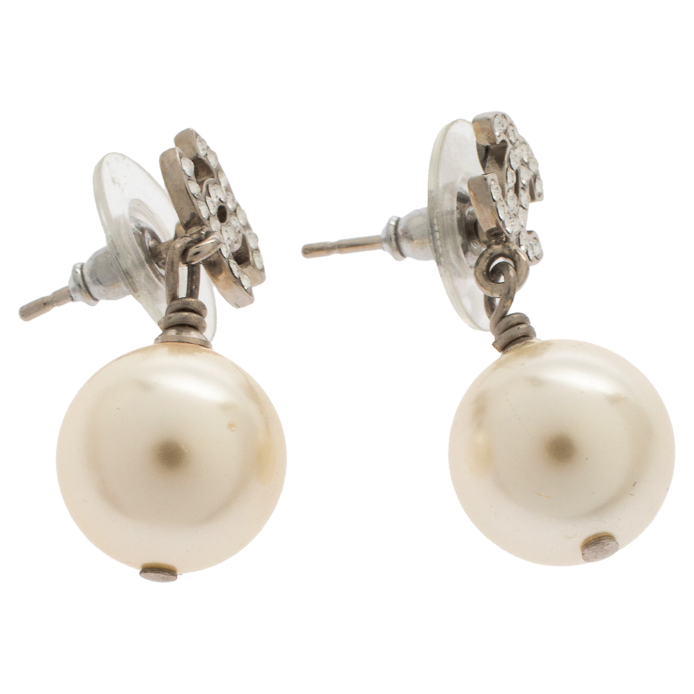 

Chanel Silver Tone Faux Pearl & Crystal CC Drop Earrings
