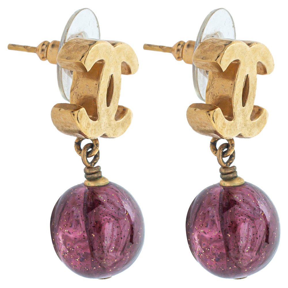 

Chanel Gold Tone CC Shimmer Bead Drop Earrings, Purple