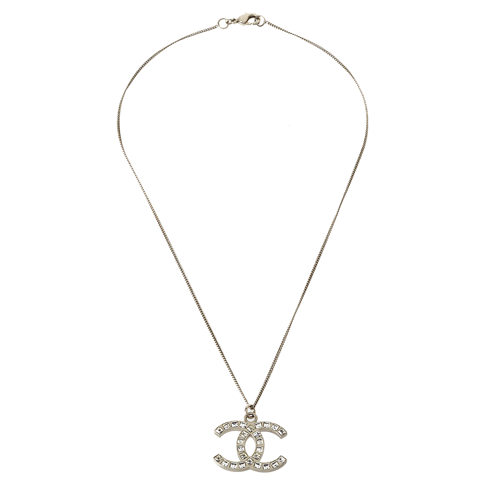 

Chanel Silver Tone Crystal CC Pendant Necklace