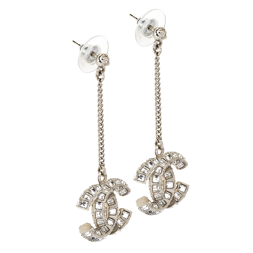 

Chanel Silver Tone Crystal CC Dangle Earrings