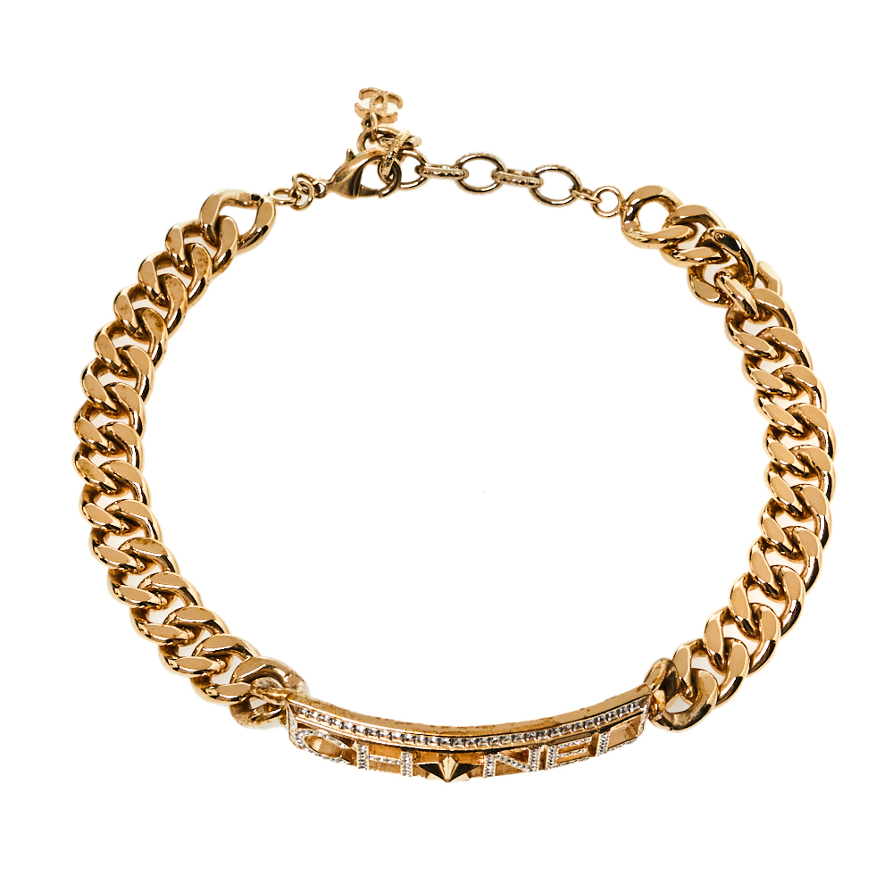 

Chanel Gold Tone Metal Crystal Strass Logo Choker Necklace