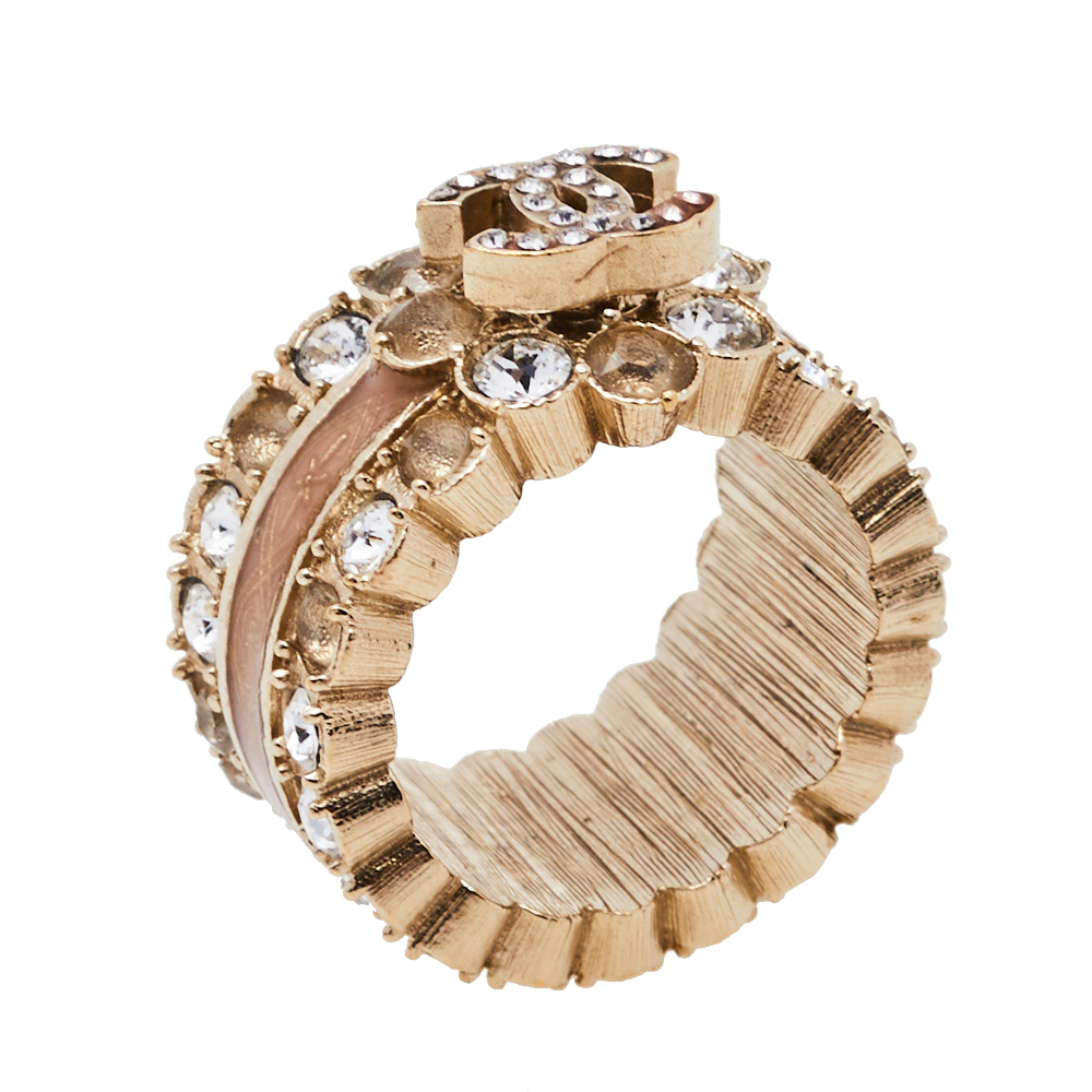 

Chanel CC Floral Motif Enamel Band Ring Size EU 55, Metallic