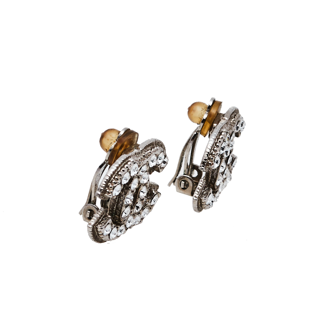 

Chanel Silver Tone Crystal CC Clip On Earrings